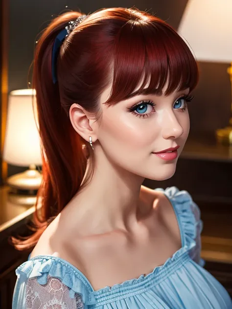 (best quality, masterpiece, ultra-detailed)vintage colors,woman, 32 years-old,vintage pin-up,red hair,bangs,beautiful detailed face, big eyelashes,ponytail,little smile,summer dress,photographic studio scenario