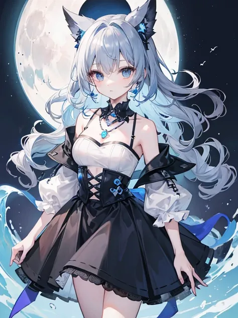 highest quality,（（（Gray with blue hair）））（（（bob hair）））,whole body,bustle black skirt蝶,Moon Necklace,Black pumps,wavy hair,Slender,middle chest,whole body,white background