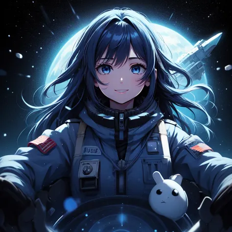 1 girl,eyes are constellations,blue hair,spacesuit,long hair,upper body,smile，robot，cockpit