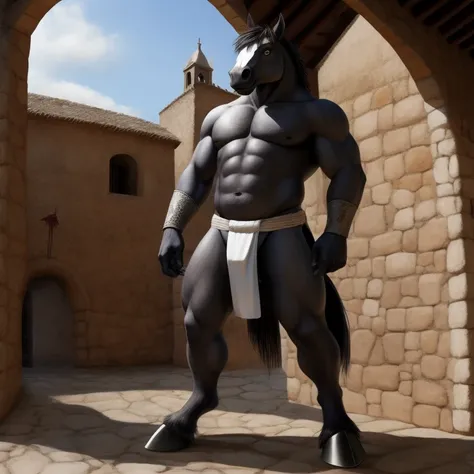 Furry, Antro, [Horse color dark Silver metal] , [Fundoshi bulto Big], [Fundoshi White], Solo, [Bulto Male Big], Hooves , Detallado, cuerpo completo, cuerpo furry silver dark, pueblo Medieval, pupil Eyes, Alta resolucion, Ropa Medieval, Espada