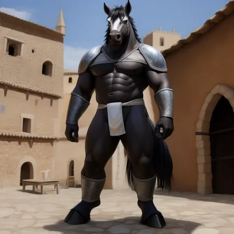 Furry, Antro, [Horse color dark Silver metal] , [Fundoshi bulto Big], [Fundoshi White], Solo, [Bulto Male Big], Hooves , Detallado, cuerpo completo, cuerpo furry silver dark, pueblo Medieval, pupil Eyes, Alta resolucion, Ropa Medieval, Espada