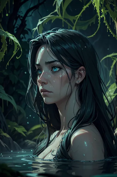 zrpgstyle, from_side from_below beautiful scary woman made of water (sadness expression:1.2) woman with (long water hair:1.2) rising out of the water moss smoke vines churning water fireflies midnight moonlight backlight (masterpiece:1.2) (best quality) (d...