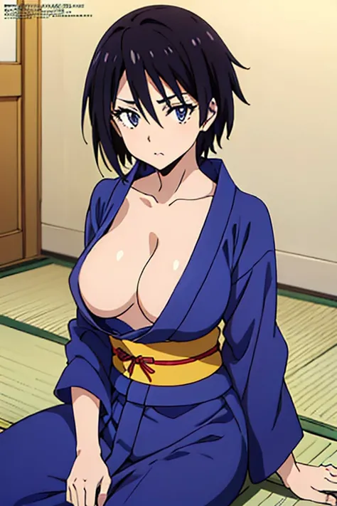 (anime cels style, best quality, high resolution, anime colored, megami magazine:1.2, anime poster style, sharp, 8k), (beautiful eyes:1.5), sakaguchihinata(ttigraas), 1girl, cute, black hair, short hair, large breast, cleavage, (haoli, yukata:1.5), cowboy ...