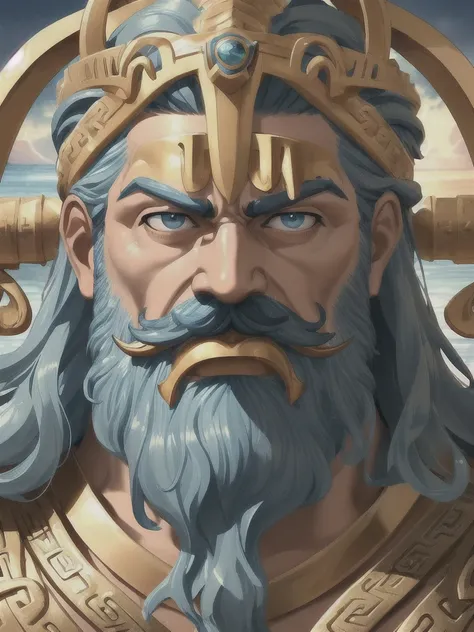 1man with mustache,Poseidon,greek gods,gold cloth, ocean, trident, majestic,close up,HD,ultra HD,detailed face,menance expression,