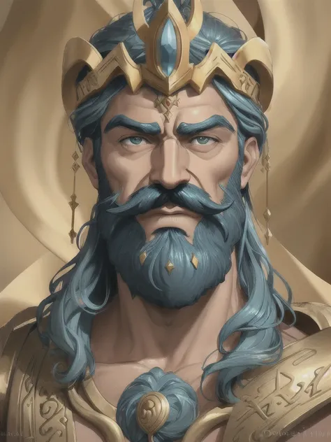 1man with mustache,Poseidon,greek gods,gold cloth, ocean, trident, majestic,close up,HD,ultra HD,detailed face,menance expression,