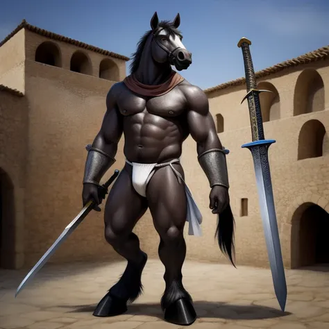 Furry, Antro, [Horse color dark Brown Silver metal] , [Fundoshi Bulto Male Big], [Fundoshi White], Solo, [Bulto Male Big], Hooves , Detallado, cuerpo completo, cuerpo furry silver dark, pueblo Medieval, pupil Eyes, Alta resolucion, Ropa Medieval, Sword Med...