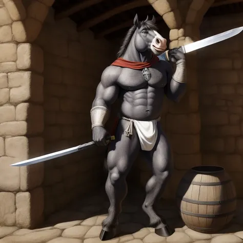 Furry, Antro, [Horse color dark Brown Silver metal] , [Fundoshi Bulto Male Big], [Fundoshi White], Solo, [Bulto Male Big], Hooves , Detallado, cuerpo completo, cuerpo furry silver dark, pueblo Medieval, pupil Eyes, Alta resolucion, Ropa Medieval, Sword Med...