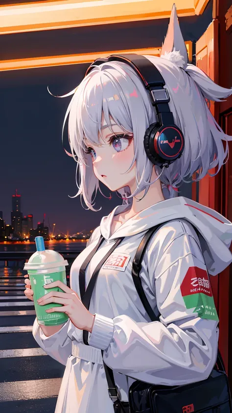 (masterpiece), (highest quality:1.4), (ultra high resolution:1.2),  super detailed background, (unity 8k wallpaper),Shibuya Ward、city pop、(headphones:1.2)、masterpiece, (anime girl alone:1.3), Incredibly absurd, hoodie,pedestrian crossing, outdoor, rain, To...