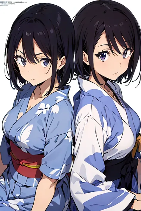 (anime cels style, best quality, high resolution, anime colored, megami magazine:1.2, anime poster style, sharp, 8k), (beautiful eyes:1.5), sakaguchihinata(ttigraas), 1girl, cute, black hair, short hair, large breast, cleavage, (haoli, yukata:1.5), cowboy ...