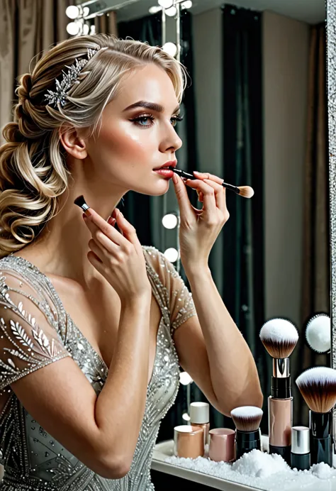 mujer rubia con el cabello atado, ultra detallado, realista, fondo de palacio de cristal y nieve, she is putting on makeup in fr...