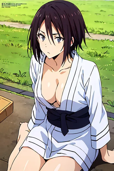 (anime cels style, best quality, high resolution, anime colored, megami magazine:1.2, anime poster style, sharp, 8k), (beautiful eyes:1.5), sakaguchihinata(ttigraas), 1girl, cute, black hair, short hair, large breast, cleavage, (haoli, yukata:1.5), cowboy ...