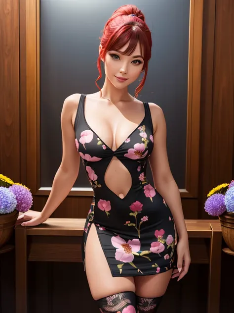 (best quality, masterpiece, ultra-detailed)vintage colors,woman, 32 years-old,vintage pin-up,red hair,bangs,beautiful detailed face, big eyelashes,ponytail,little smile,((((slit mini dress printed with flowers)))),pantyhose,photographic studio scenario