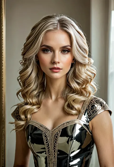 Mujer rubia con el cabello atado, maquillada frente a un espejo, realista, detallado, estilo princesa