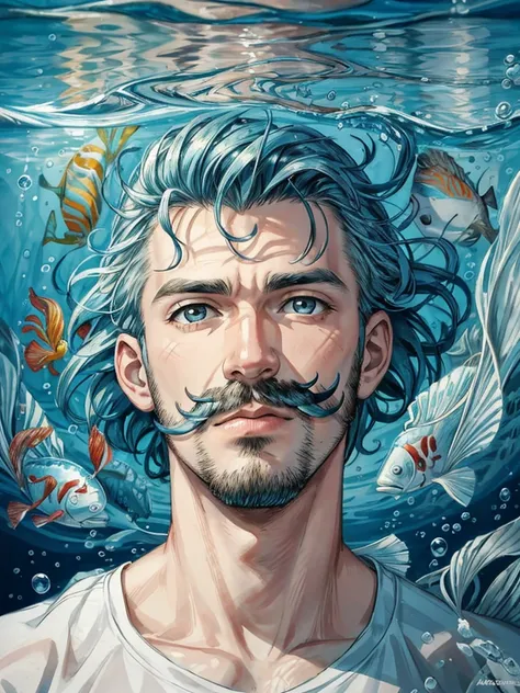 abstract background,(illustration:1),masterpiece,best quality,detailed face and eyes,1man with mustache,underwater hair physics,air bubbles,light coming through water,reflections,laying in water,split layers of water,school of fish,handsome