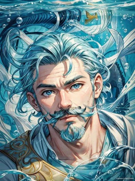 abstract background,(illustration:1),masterpiece,best quality,detailed face and eyes,1man with mustache,underwater hair physics,air bubbles,light coming through water,reflections,laying in water,split layers of water,school of fish,handsome