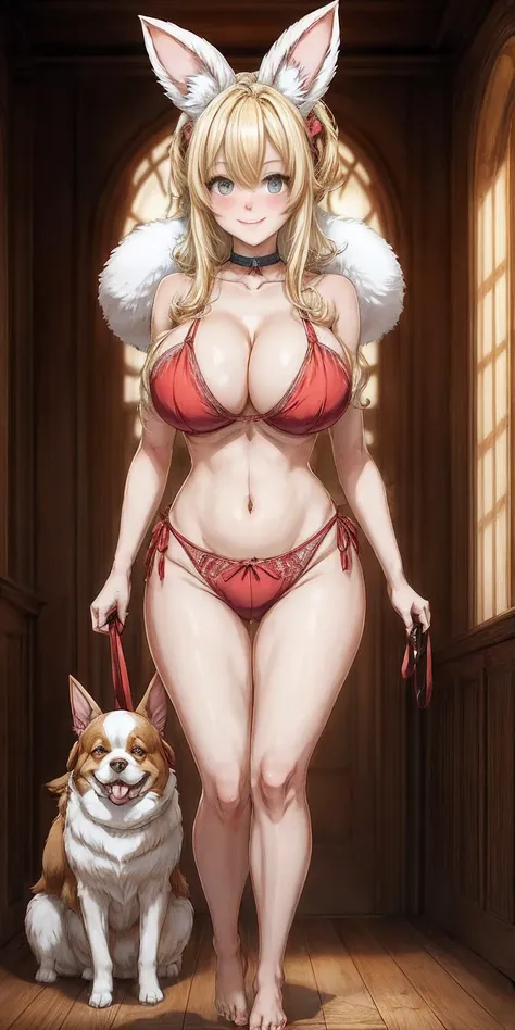 Roxanne Demin kin 1girl, solo, breasts, large breasts, Body position: Standing, straight, symmetrical, barefoot, Lustful smile on face with red blush, fluffy ears, dog ears, blonde hair