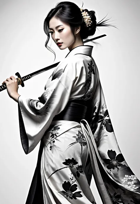 Beauty,,cowboy shot，ink painting，Gentle brushstrokes，Draw delicate lines with a pen，Fluid Action，Subtle ink shades，elegant posture，peaceful look，delicate features，black and white，clean,Japanese sword,Japanese kimono open