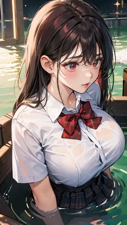 (in the dark:1.6) , big breasts , big tits , school girl Soak in water , skirt dark red , plaid skirt , pleated skirt , red knot , red bow