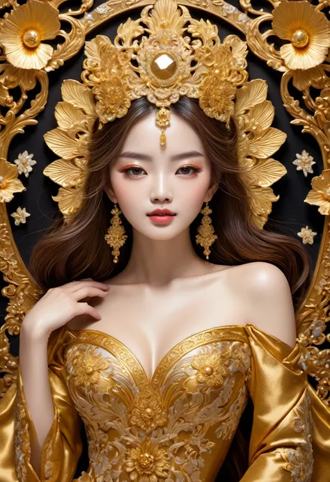 1girl, Gold Leaf Art, goldcarvingcd_xl, jinsixiangyun, traditional, golden, Gold Foil Art, gold leaf,gilded details,shimmering surface,meticulous craftsmanship,rich texture,ornate patterns,hand-applied gold leaf,golden accents,delicate brushwork,reflective...