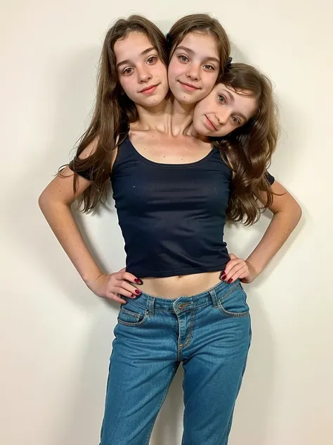 3heads, three headed girl, (a 13 year old girl:1.5), (a 45 year old woman:1.5), (a 10 year old girl:1.5)