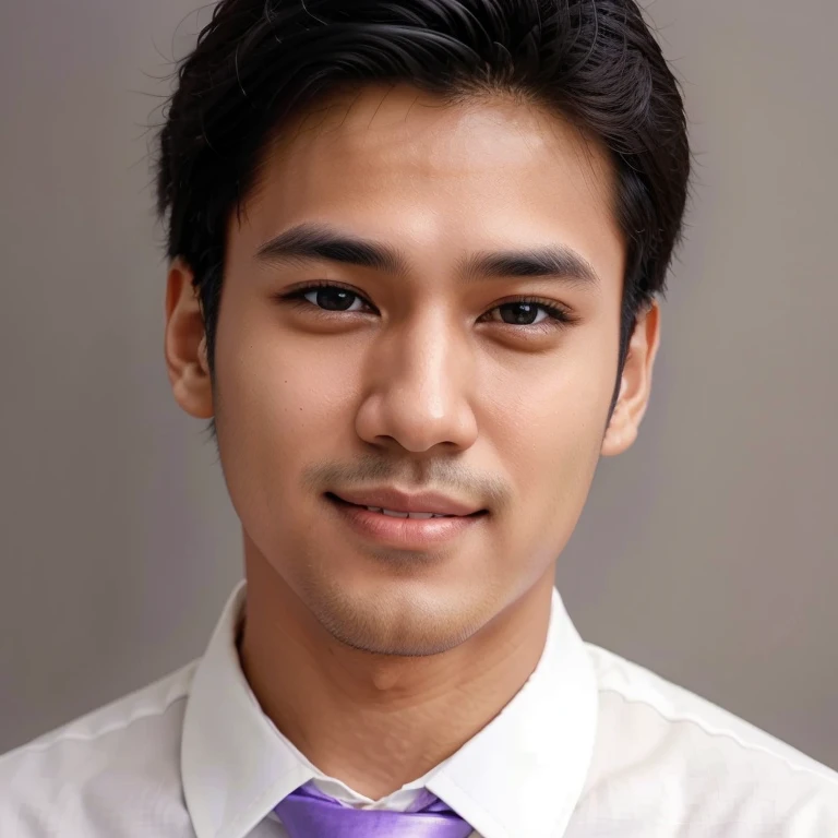 Arav man smiling in white shirt and purple tie,No double eyelids.straight nose bridge.no sideburns.japanese artist,Headshot