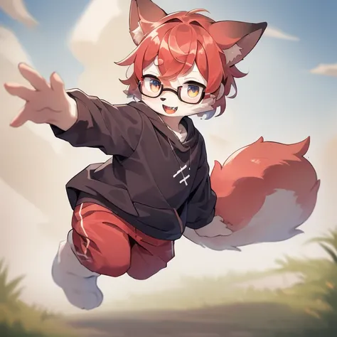 wear glasses,Red hair all over, male wolf,short hair, Bright Eyes,The eyes are gray，With black bow，white belly，The tip of the tail is white，Meatballs Pink,hairy,hairy male ,male focus,Hana Charcoal,(Full body fur, hairy尾巴, red fur,),long canine teeth，Fluff...