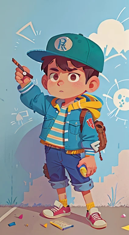 flat illustration, joven con gorra, with pencil in hand, chamarra azul marino, recargado en pared，fondo graffiti，Tiro medio，8K，detalle perfecto