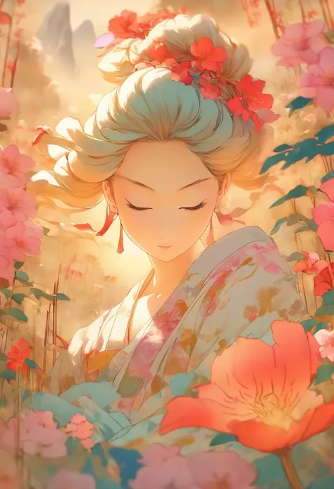 Field with beautiful flowers (close-up cleavage), meditate, Zazen, A meditative (Chinese landscape painting), (ink and watercolor painting), (8k wallpaper), (Light and Shadow Effect), rendering by octane, White balance design, Extremely detailed image repr...