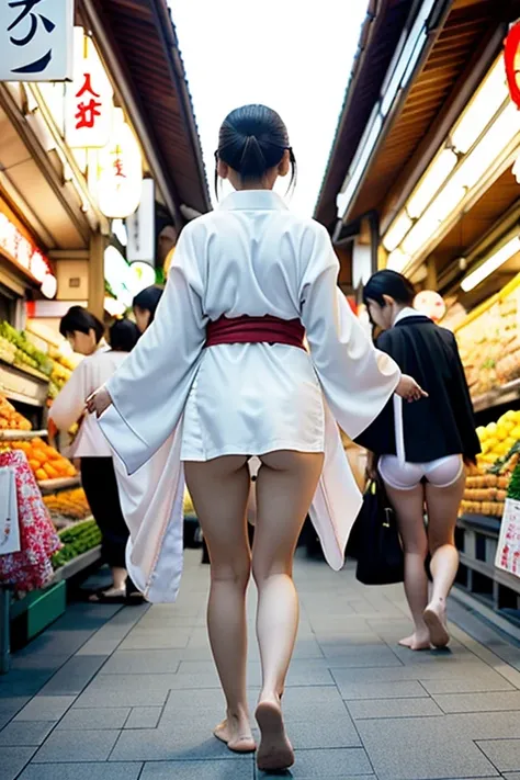 japan girl wearing short kimono , white panties , walking through the market