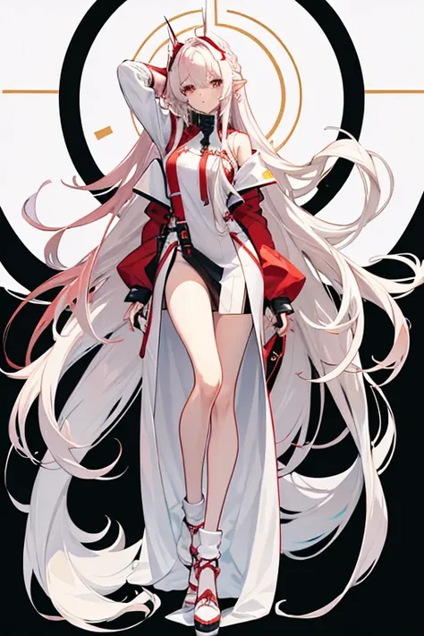 white long hair with red hair strand on the left of the head messy, full body