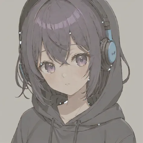 Anime ai gadis cantik tomboy, pendek, memiliki rambut panjang berwarna ungu tua tidak diikat, berkulit putih, bermata ungu tua, memakai Hoodie berwarna ungu tua, memakai rok pendek berwarna hitam, sedang disekolah duduk dikursi nya sambil memakai sebuah he...