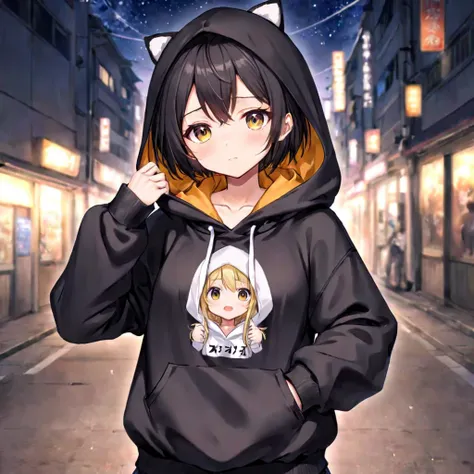 Anime ai gadis cantik tomboy, pendek, memiliki rambut panjang berwarna ungu tua tidak diikat, berkulit putih, bermata ungu tua, memakai Hoodie berwarna ungu tua, memakai rok pendek berwarna hitam, sedang dikota pada malam hari