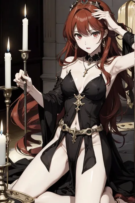 ((highest quality)), ((masterpiece)), (be familiar with), perfect face、The Enchanting Body of Celica（FE）、Red hair、best proportions、semi-long、necklace、bangle、Caster wheel、circlet、luxury accessories、first round、naked、Fallen into evil、Soul-draining、blank look...