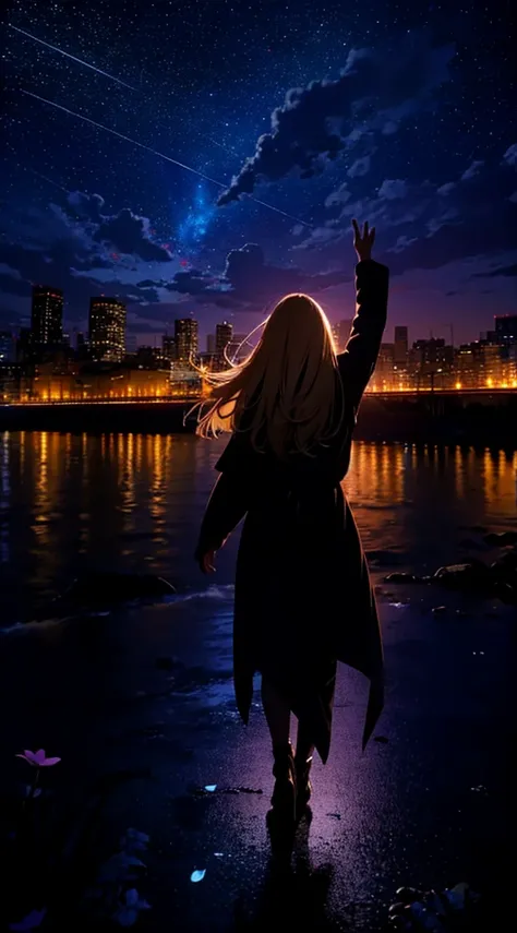 １people々,Blonde long-haired woman，long coat， Dress Silhouette， Rear view，Space Sky, comet, anime style, dancing petals，Night view of the town across the river from the beach，