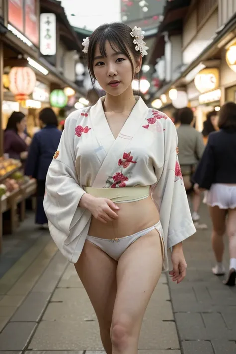 (masterpiece) (best quality) (detailed) (4k) (high resolution) (bokeh) japan girl wearing short kimono , white panties , walking through the market