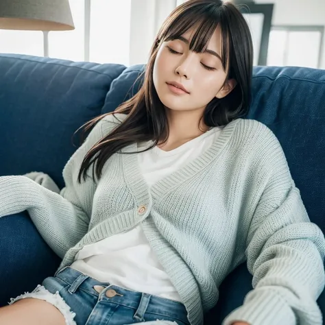 The face of a beautiful young Japanese woman sleeping happily on a blue sofa wearing a navy blue sweater and white shorts. Focal length 100mmf/2.8, spring day, sunny, living room on the upper floor of a high-rise apartment, ideal light source, well-shaped ...