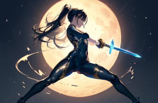 (((Girl fighting with one-handed sword))), fighting pose, Uplifting, (highest quality), (masterpiece) perfect style, ((A beautiful body that is partly mechanical)), (((Thin see-through bodysuit, Golden pattern))), full body, looking at the camera, long flo...