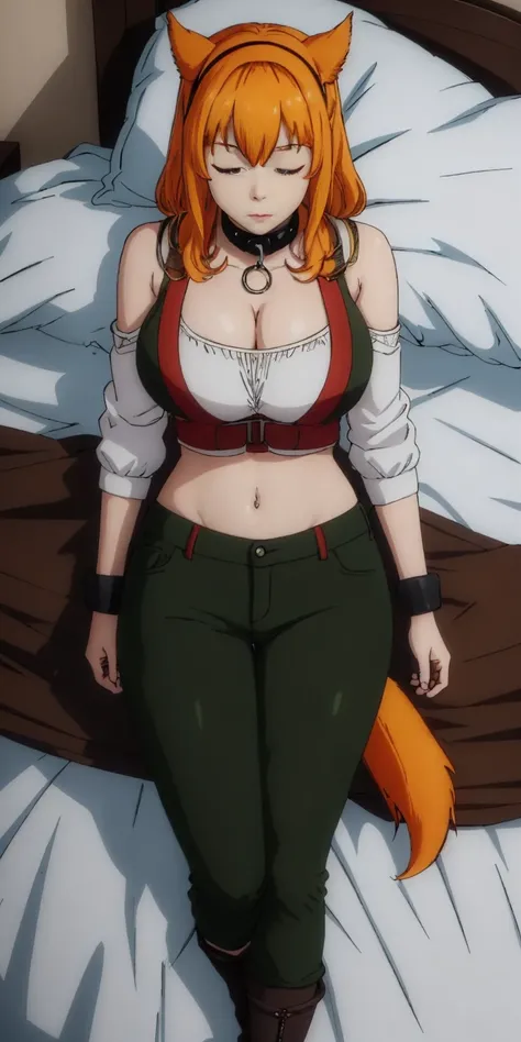 Roxanne Demin kin 1girl, solo, breasts, large breasts, navel, animal ears, cleavage, tail, hairband, pants, orange hair, collar, dog ears, dog tail, dog girl, black collar, green pants, floppy ears, eyes closed, sleeping, lying on bed, waist up, leather sl...