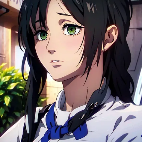 (Detailed) A girl of about twenty years old, green eyes. With a pretty face and black hair