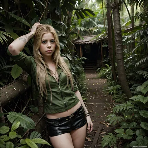 Avril Lavigne in a jungle climate dressed in adventure clothing