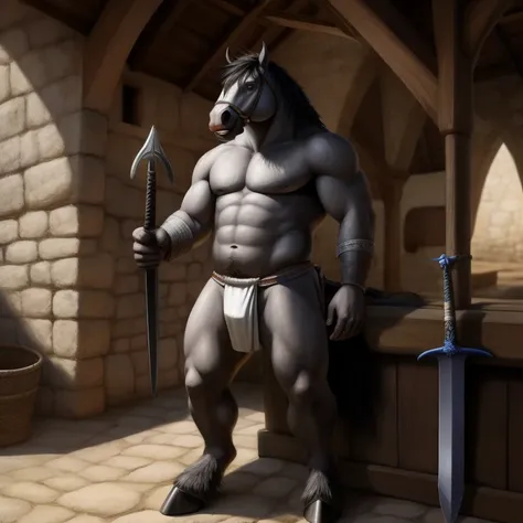 Furry, Antro, [Horse color dark Brown Silver metal] , [Fundoshi Bulto Male Big], [Fundoshi White], Solo, [Bulto Male Big], Hooves , Detallado, cuerpo completo, cuerpo furry silver dark, pueblo Medieval, pupil Eyes, Alta resolucion, Ropa Medieval, one Sword...