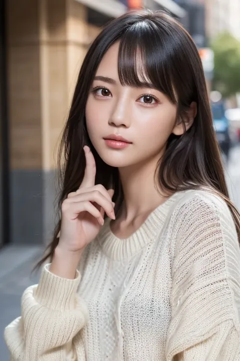 one girl, (a beauty girl, delicate girl:1.3), (15 years old, change:1.3),
break, (Long knit sweater, one piece:1.3),
break, very fine resolution, (symmetrical eyes:1.3),
break, (street snap:1.3), (index finger in front of you, wink, close one eye:1.3), per...