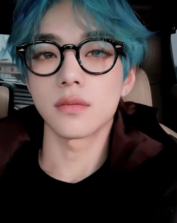 arafed man with blue hair and glasses in a car, jimins plump lips, jimins right eyelid swollen, park jimin, jimins grecian nose, jimin, accurate jimin face, taejune kim, taehyung eating gucci fries, cai xukun, wan adorable korean face, hyung tae, with blue...