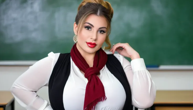 (A young attractive woman, very busty, hair done up like a teacher, confident expression, white blouse, black skirt, red scarf) leaning on her desk at the front of the class