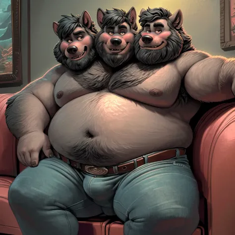 solo, canine, three headed wolf, wolf tail, (identical:1.3), (overweight, obese, fat, big belly, adult, 50 year old male:1.3, (stylized 3d:1.1, by disney:1.2, by rembrandt, by dramamine), pixar:1.1, (gray fur, black hair, beard), gray background, (shirtles...