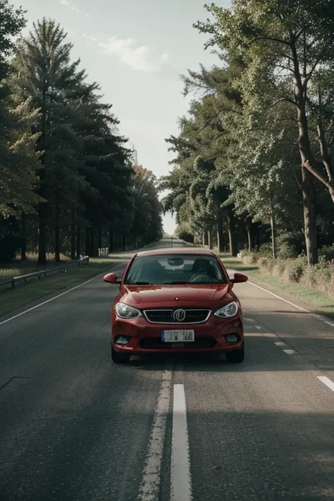 red car driving along an empty road, there are trees on the sides