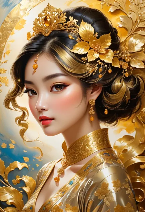 1girl, Gold Leaf Art, goldcarvingcd_xl, jinsixiangyun, traditional, golden, Gold Foil Art, gold leaf,gilded details,shimmering surface,meticulous craftsmanship,rich texture,ornate patterns,hand-applied gold leaf,golden accents,delicate brushwork,reflective...