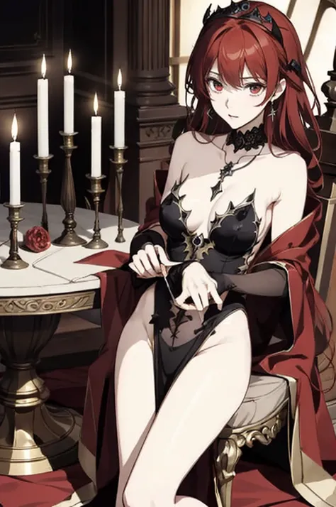 ((highest quality)), ((masterpiece)), (be familiar with), perfect face、The Enchanting Body of Celica（FE）、Red hair、best proportions、semi-long、necklace、bangle、Caster wheel、circlet、luxury accessories、first round、naked、Fallen into evil、Soul-draining、blank look...