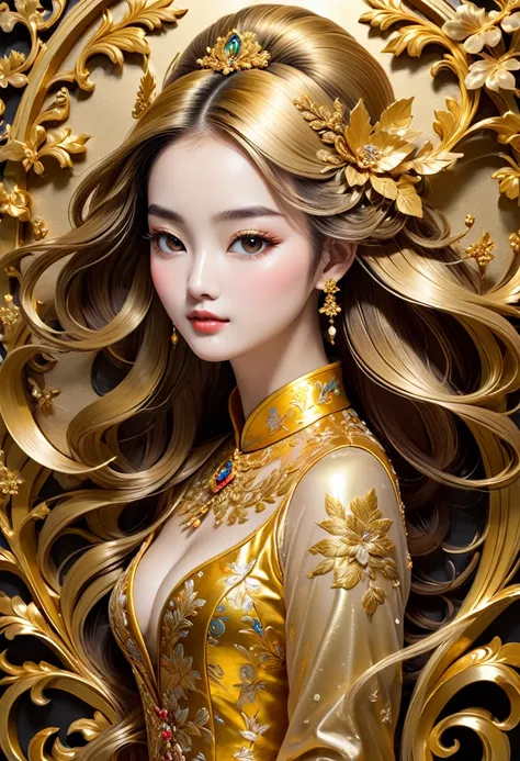 1girl, Gold Leaf Art, goldcarvingcd_xl, jinsixiangyun, traditional, golden, Gold Foil Art, gold leaf,gilded details,shimmering surface,meticulous craftsmanship,rich texture,ornate patterns,hand-applied gold leaf,golden accents,delicate brushwork,reflective...