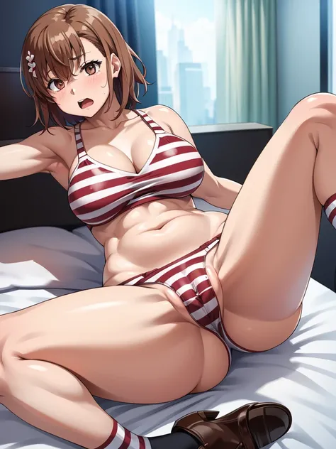 Misaka Mikoto、best image quality、High resolution、masterpiece、super high quality、spread your legs wide、big 、Reaching orgasm、Red striped panties、black bra、very big ass、Close ~ eyes、cowboy shot、Low - Angle、Blushing、4K quality、Pulling up clothes、big ass、Zoom i...